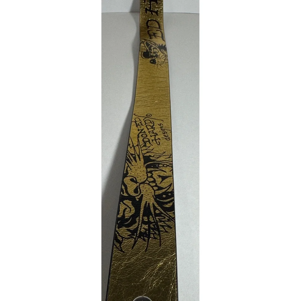 Ed Hardy Mens Gold Metallic Tattoo Print Belt Tiger Skull Snake Size 36 Y2K